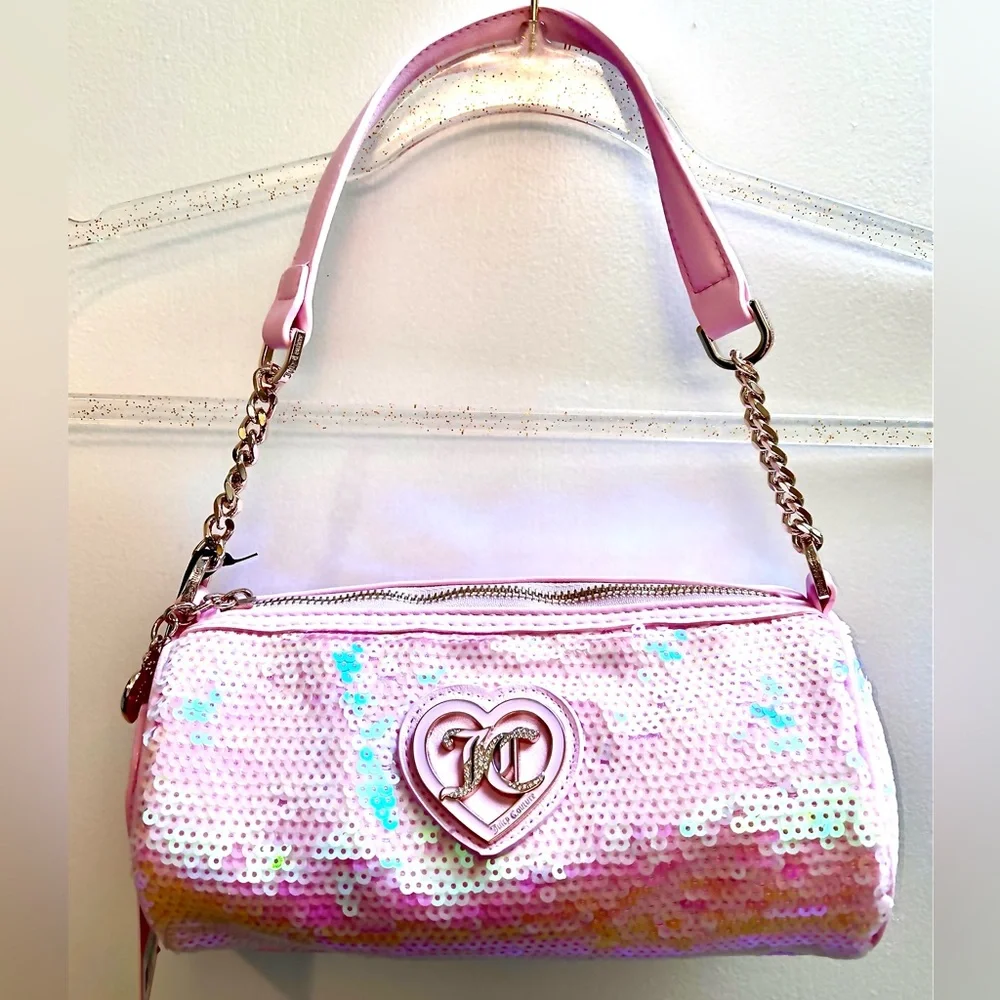 NWT JUICY Couture Pink Sequin Barrel Heart Shoulder Bag Gold look Chain Handle - Picture 3 of 14